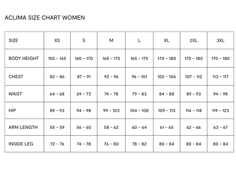 Aclima Storleksguide Women